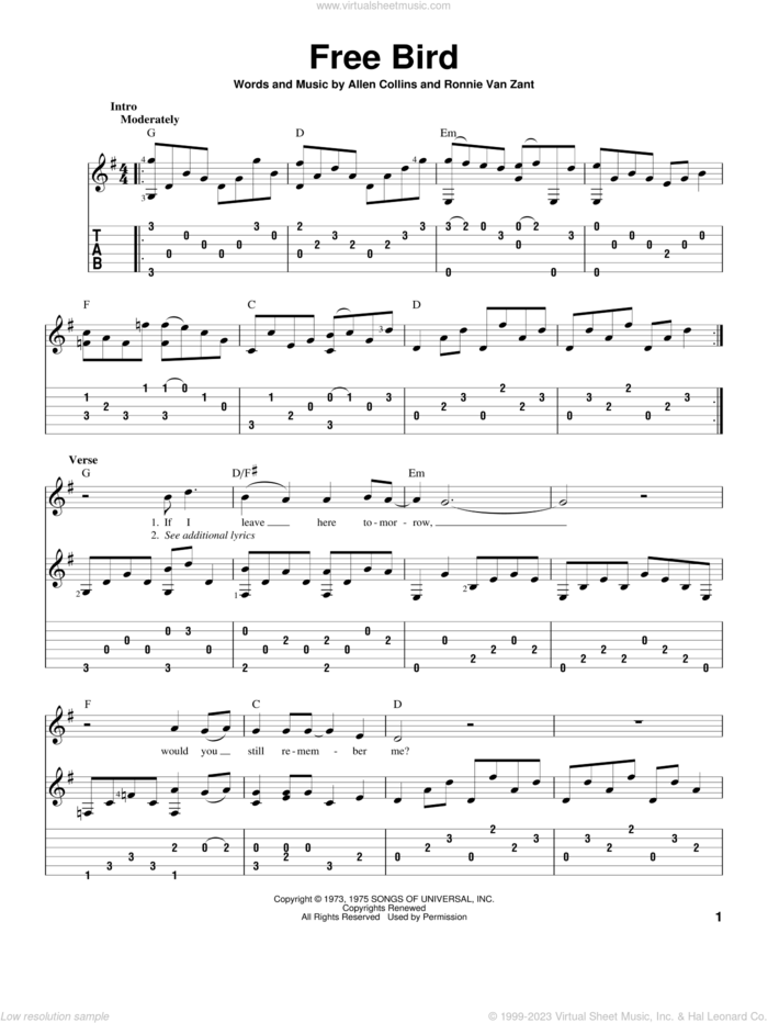 Free Bird sheet music for guitar solo by Lynyrd Skynyrd, Allen Collins and Ronnie Van Zant, intermediate skill level