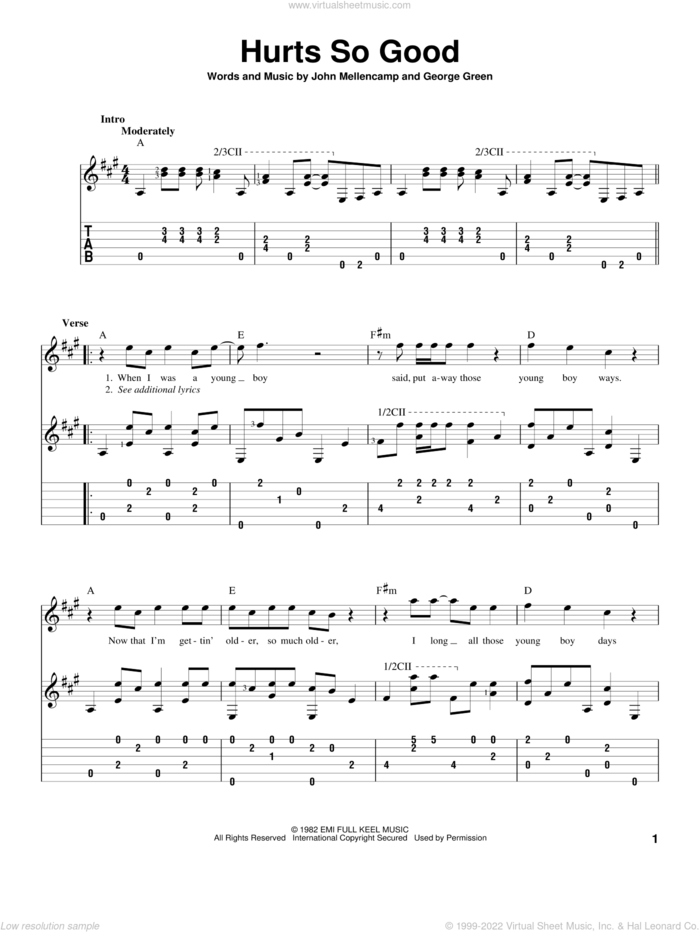 Hurts So Good sheet music for guitar solo by John Mellencamp and George Green, intermediate skill level