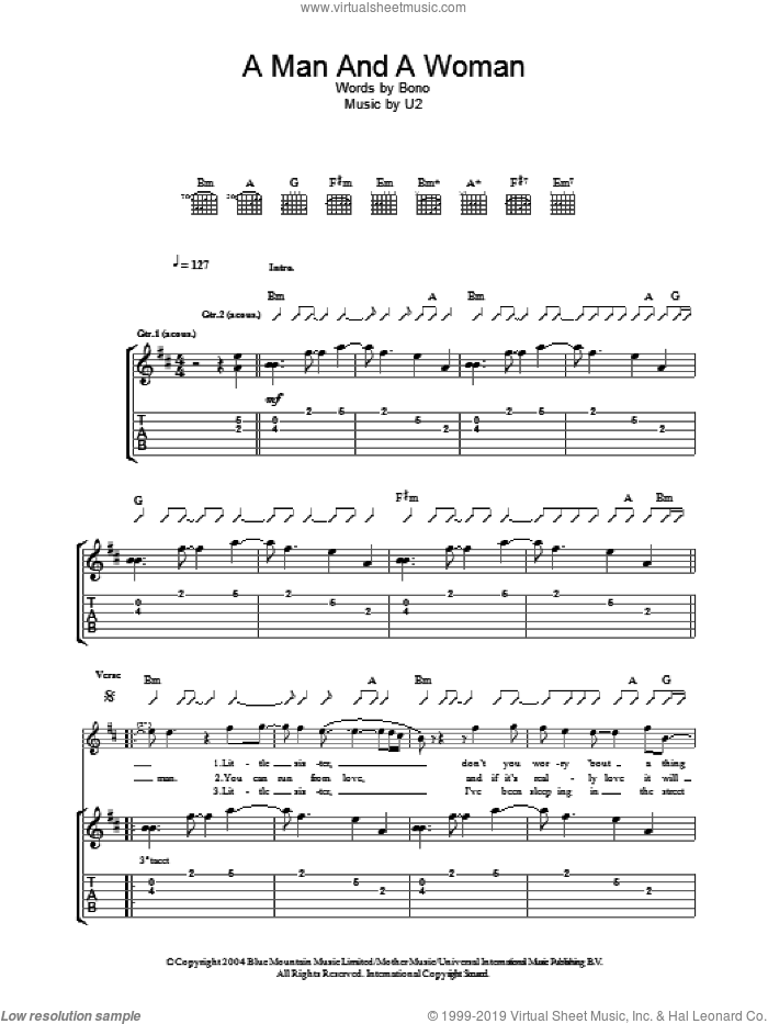 A Man And A Woman sheet music for guitar (tablature) by U2 and Bono, intermediate skill level