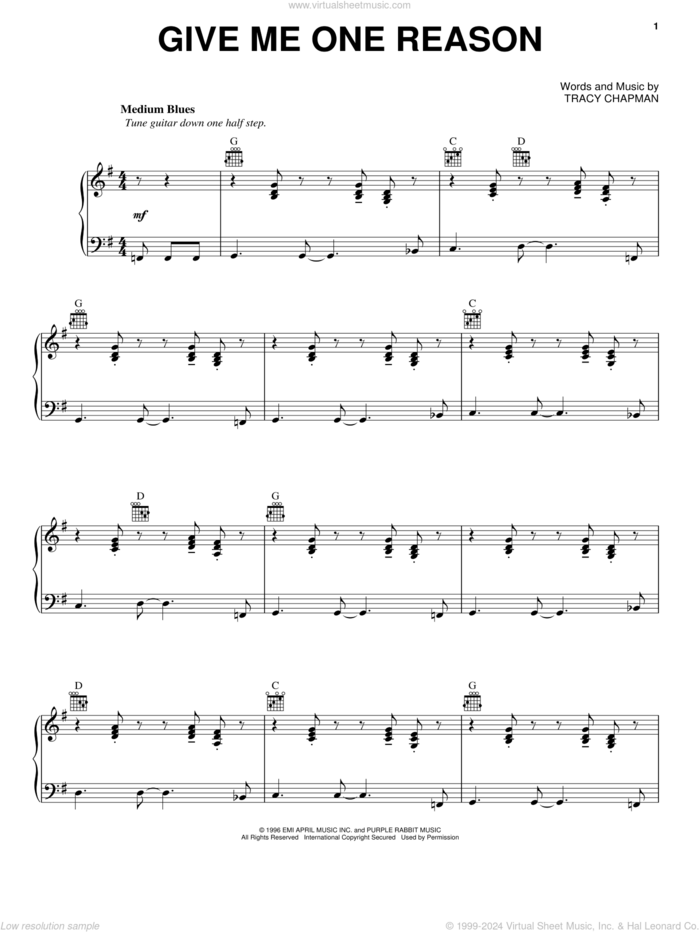 Give Me One Reason sheet music for voice, piano or guitar by Tracy Chapman, intermediate skill level