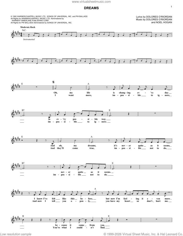 Dreams sheet music for voice and other instruments (fake book) by The Cranberries and Noel Hogan, intermediate skill level
