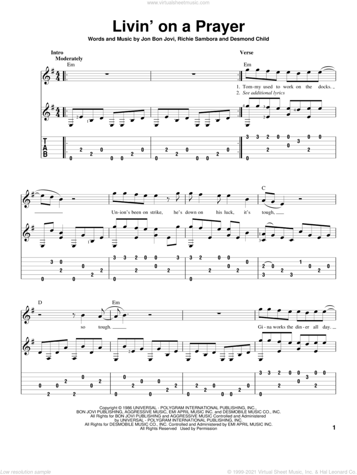 Livin' On A Prayer sheet music for guitar solo by Bon Jovi, Desmond Child and Richie Sambora, intermediate skill level