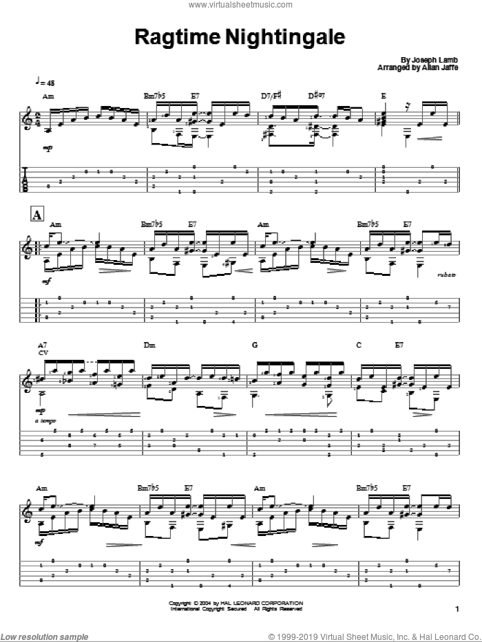 Ragtime Nightingale sheet music for guitar solo by Joseph Lamb, intermediate skill level