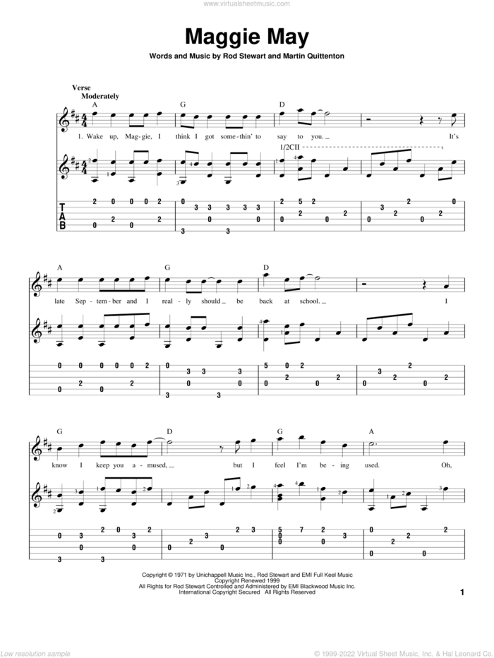 Maggie May sheet music for guitar solo by Rod Stewart and Martin Quittenton, intermediate skill level