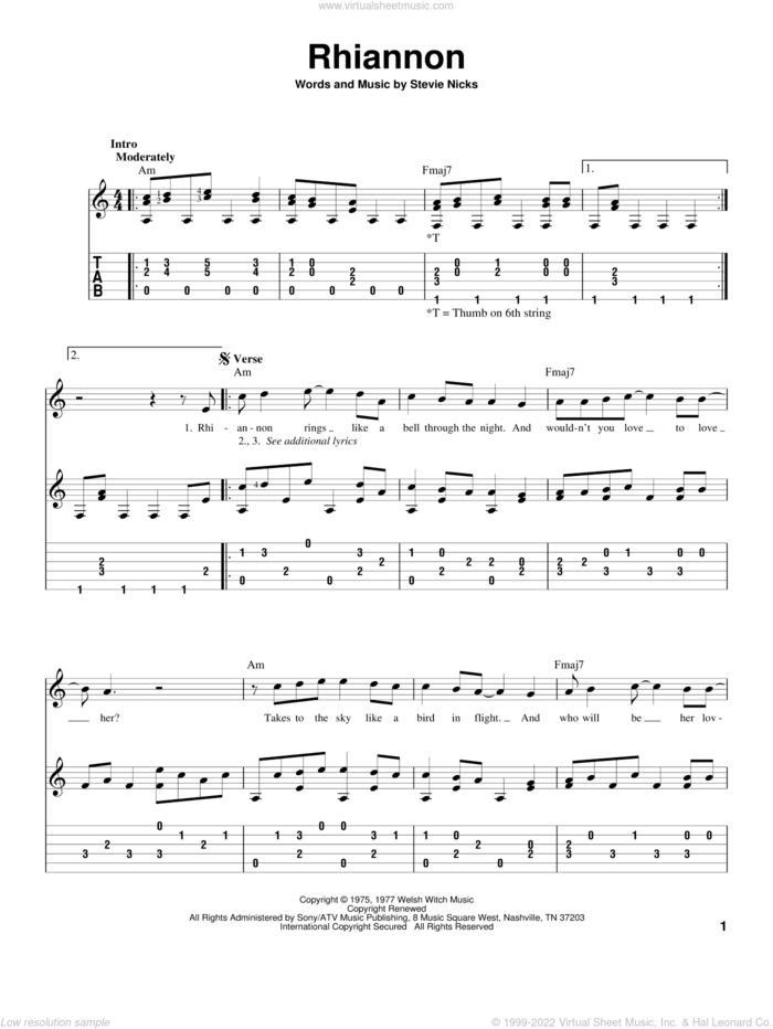 Rhiannon sheet music for guitar solo by Fleetwood Mac and Stevie Nicks, intermediate skill level