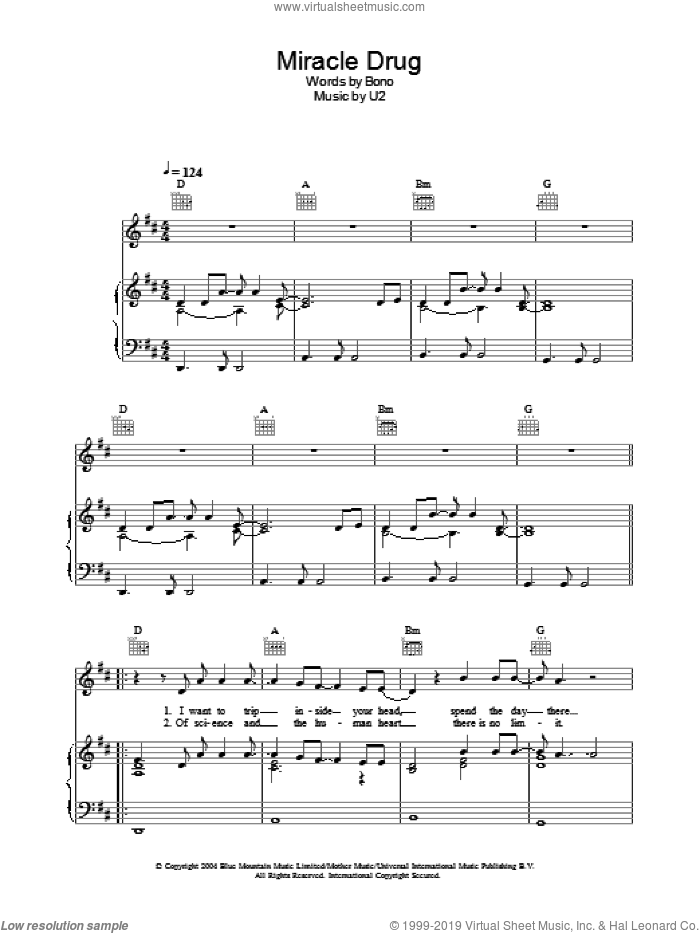 Miracle Drug sheet music for voice, piano or guitar by U2 and Bono, intermediate skill level