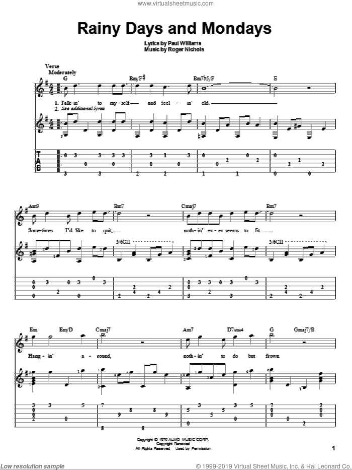 Rainy Days And Mondays sheet music for guitar solo by Carpenters, Paul Williams and Roger Nichols, intermediate skill level