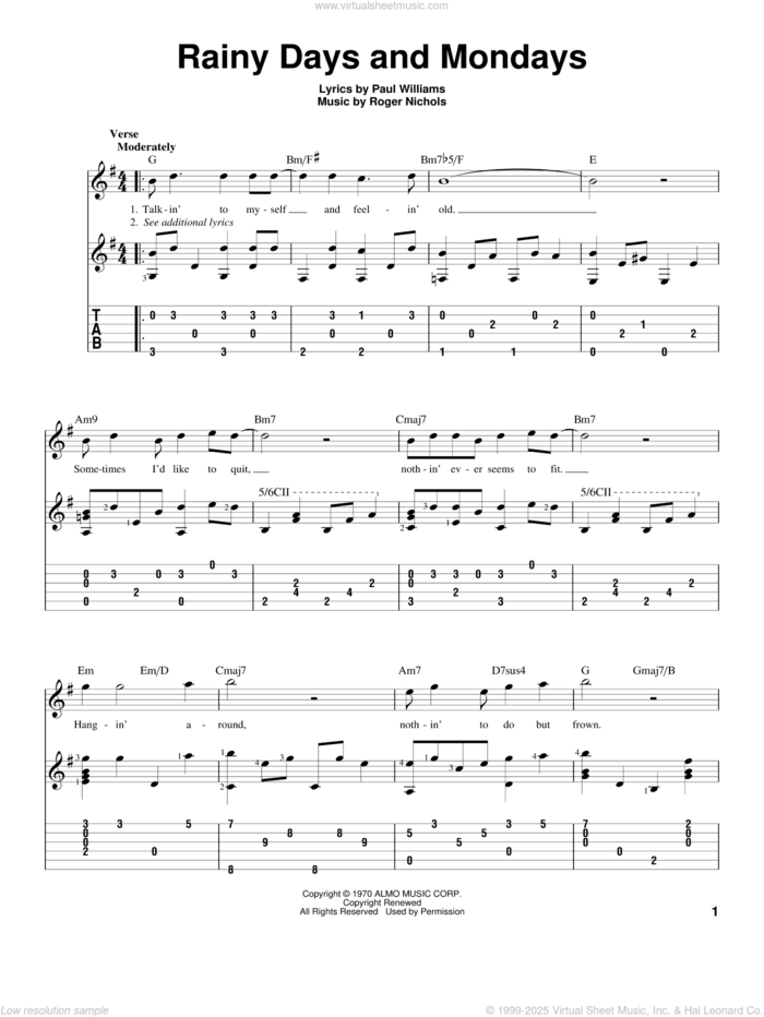 Rainy Days And Mondays sheet music for guitar solo by Carpenters, Paul Williams and Roger Nichols, intermediate skill level