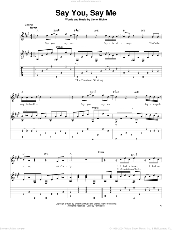 Say You, Say Me sheet music for guitar solo by Lionel Richie, intermediate skill level