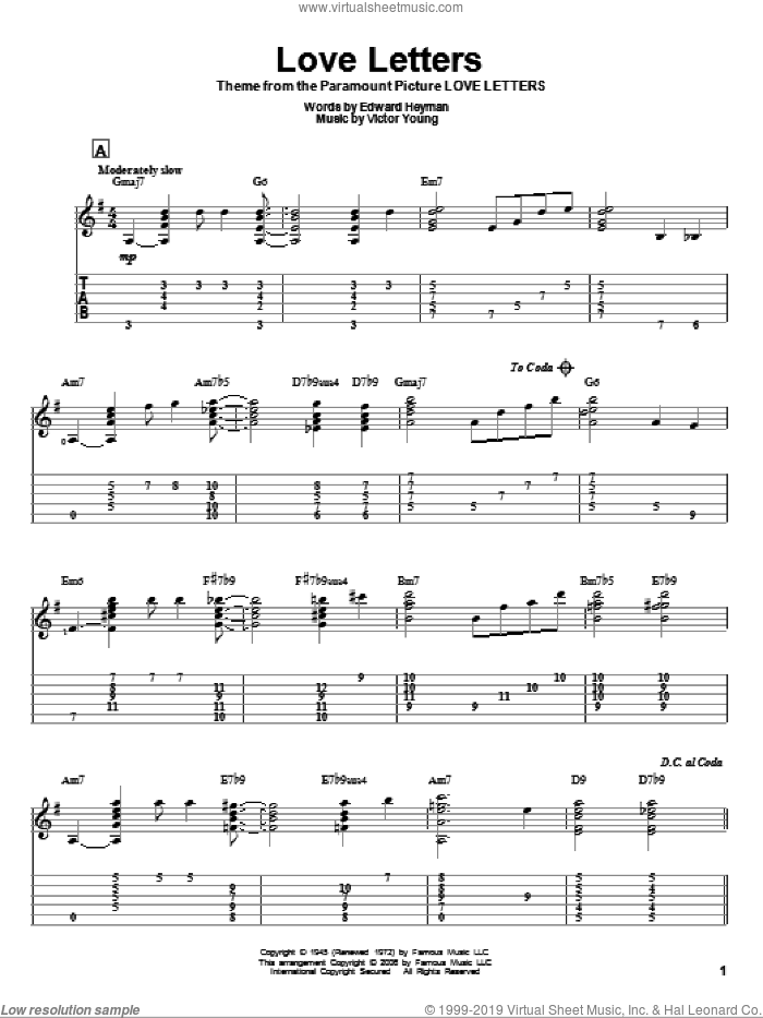 Love Letters sheet music for guitar solo by Edward Heyman, Jeff Arnold and Victor Young, intermediate skill level