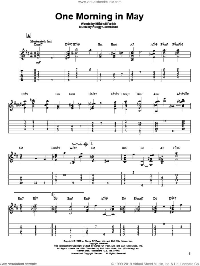 One Morning In May sheet music for guitar solo by Hoagy Carmichael, Jeff Arnold and Mitchell Parish, intermediate skill level