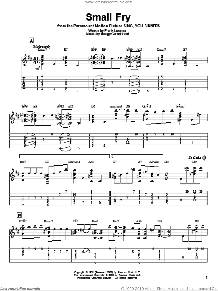 Small Fry sheet music for guitar solo by Hoagy Carmichael, Jeff Arnold and Frank Loesser, intermediate skill level