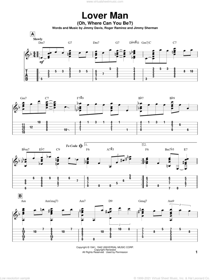 Lover Man (Oh, Where Can You Be?) sheet music for guitar solo by Billie Holiday, Jeff Arnold, Jimmie Davis, Jimmy Sherman and Roger Ramirez, intermediate skill level
