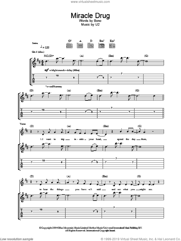 Miracle Drug sheet music for guitar (tablature) by U2 and Bono, intermediate skill level