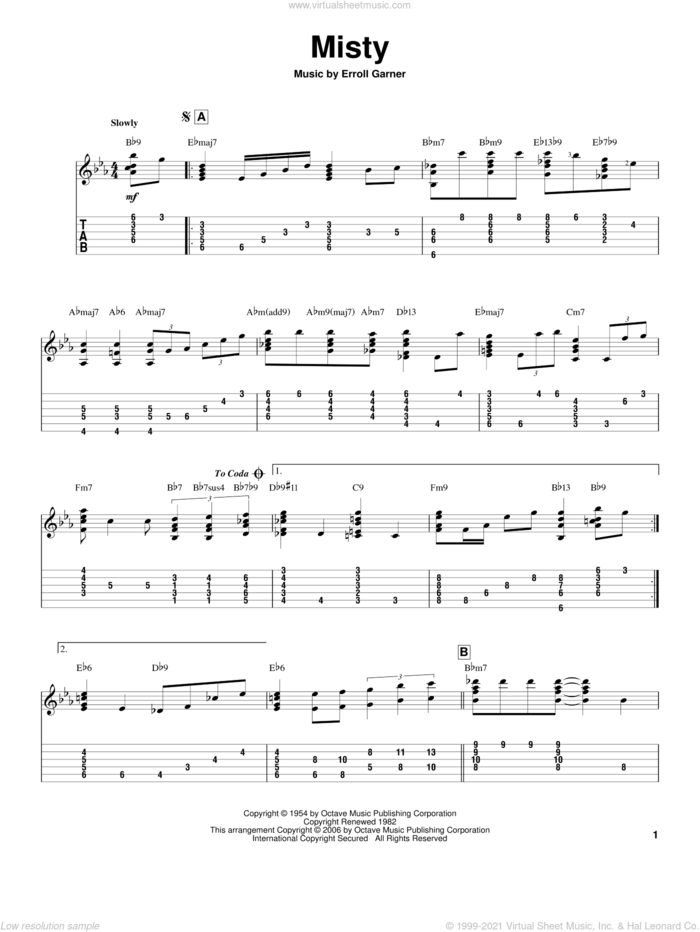 Misty sheet music for guitar solo by Erroll Garner, Jeff Arnold and John Burke, intermediate skill level