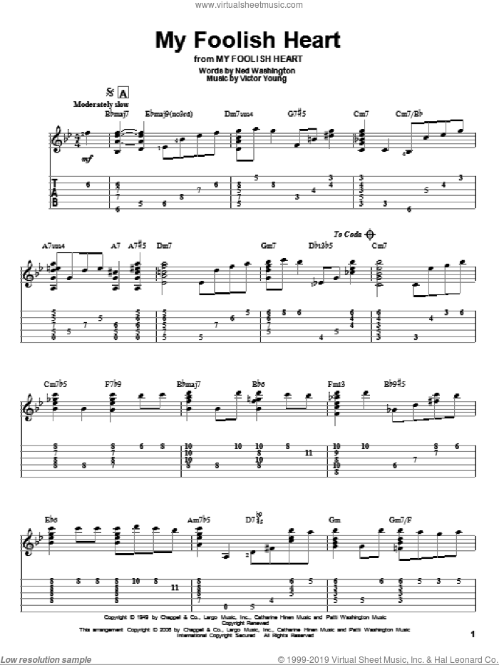 My Foolish Heart sheet music for guitar solo by Ned Washington, Jeff Arnold and Victor Young, intermediate skill level