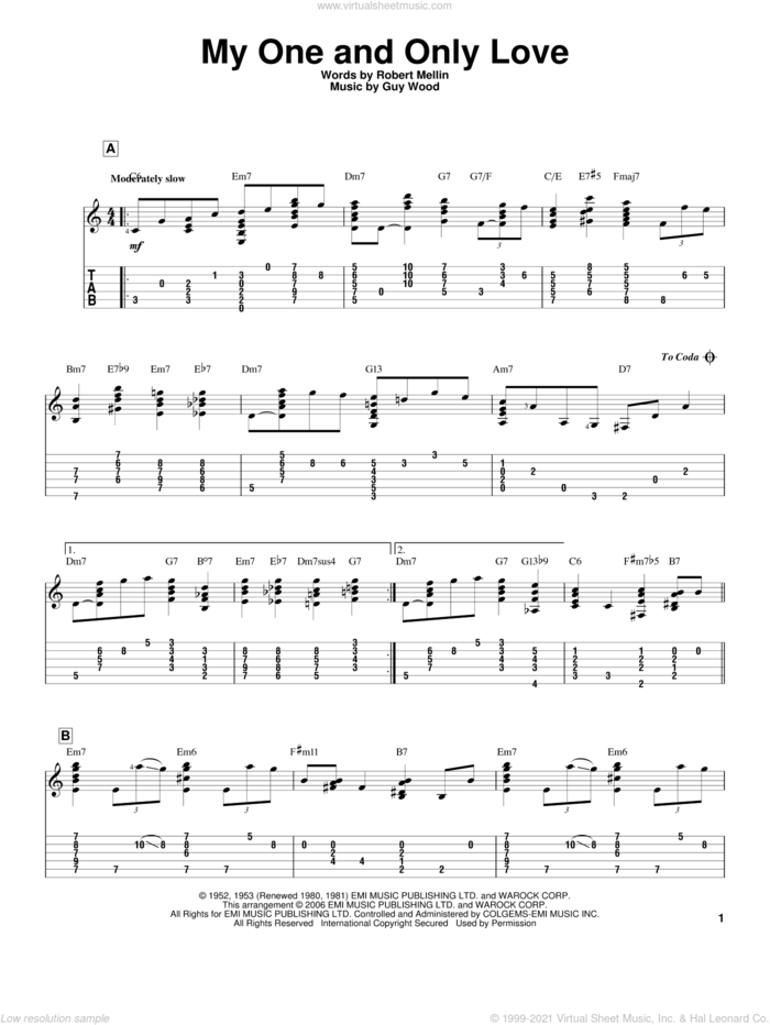 My One And Only Love sheet music for guitar solo by Robert Mellin, Jeff Arnold and Guy Wood, intermediate skill level