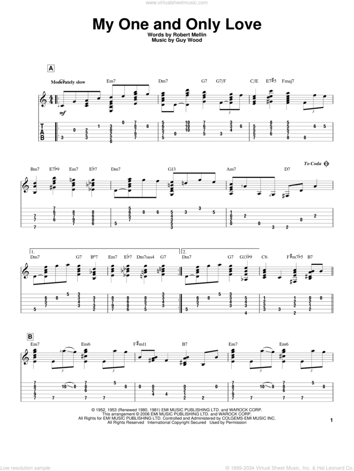 My One And Only Love sheet music for guitar solo by Robert Mellin, Jeff Arnold and Guy Wood, intermediate skill level