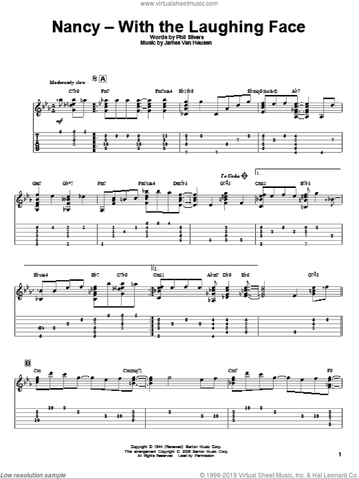 Nancy - With The Laughing Face sheet music for guitar solo by Frank Sinatra, Jeff Arnold, Jimmy van Heusen and Phil Silvers, intermediate skill level