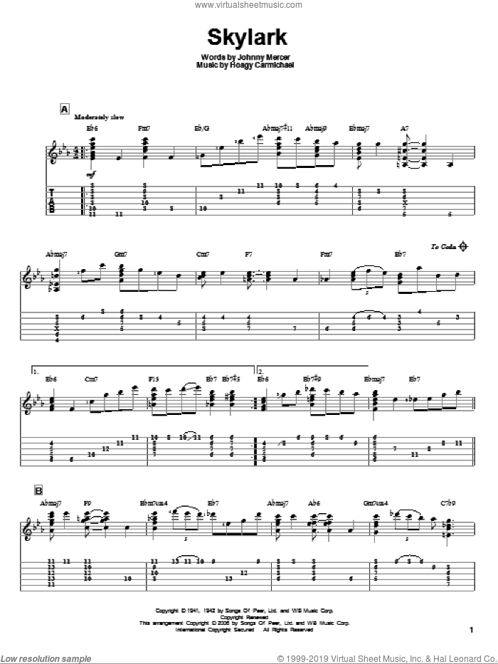 Skylark sheet music for guitar solo by Johnny Mercer, Jeff Arnold and Hoagy Carmichael, intermediate skill level
