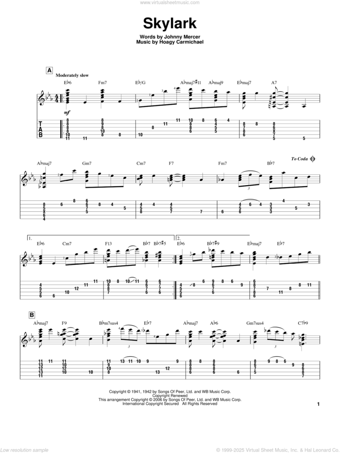 Skylark sheet music for guitar solo by Johnny Mercer, Jeff Arnold and Hoagy Carmichael, intermediate skill level