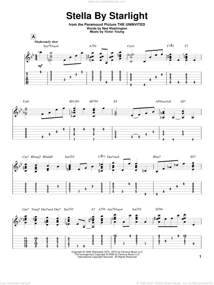 Stella By Starlight sheet music for guitar solo by Victor Young, Jeff Arnold and Ned Washington, intermediate skill level