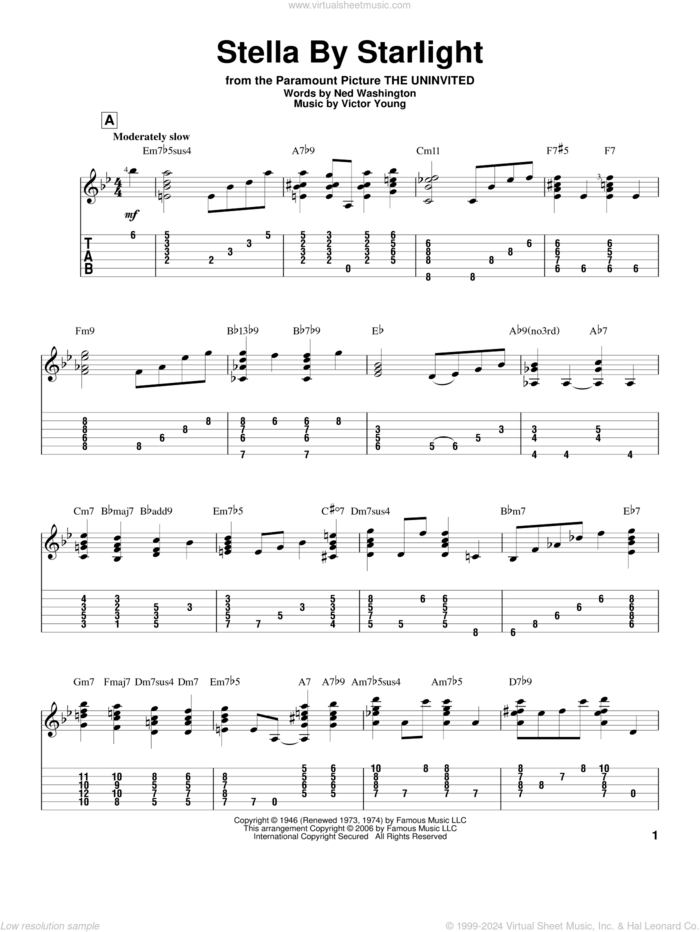 Stella By Starlight sheet music for guitar solo by Victor Young, Jeff Arnold and Ned Washington, intermediate skill level