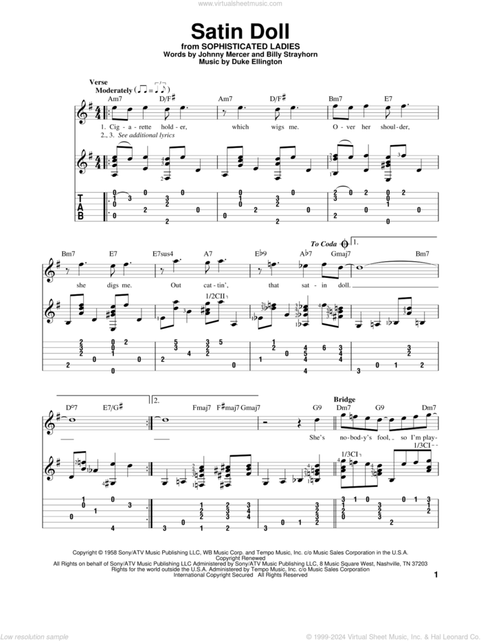 Satin Doll sheet music for guitar solo by Duke Ellington, Billy Strayhorn and Johnny Mercer, intermediate skill level