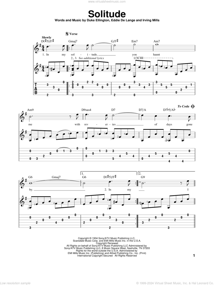 Solitude sheet music for guitar solo by Duke Ellington, Eddie DeLange and Irving Mills, intermediate skill level