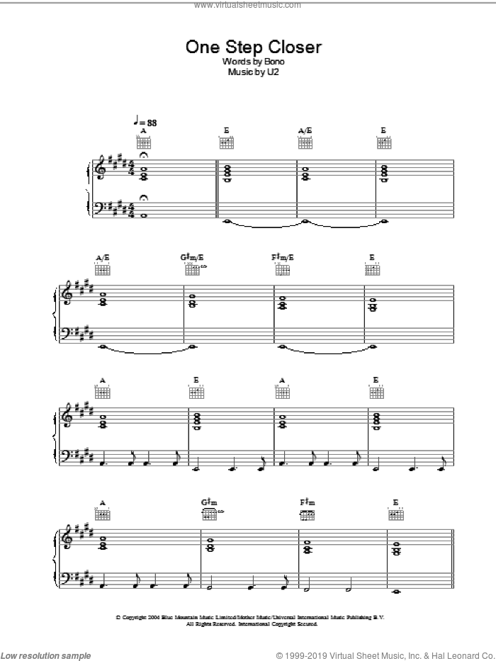 One Step Closer sheet music for voice, piano or guitar by U2 and Bono, intermediate skill level