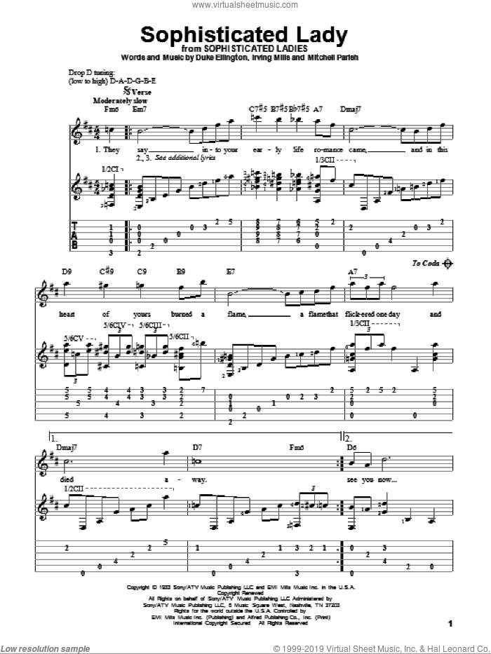 Sophisticated Lady sheet music for guitar solo by Duke Ellington, Irving Mills and Mitchell Parish, intermediate skill level