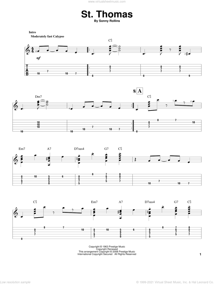 St. Thomas sheet music for guitar solo by Sonny Rollins and Jeff Arnold, intermediate skill level