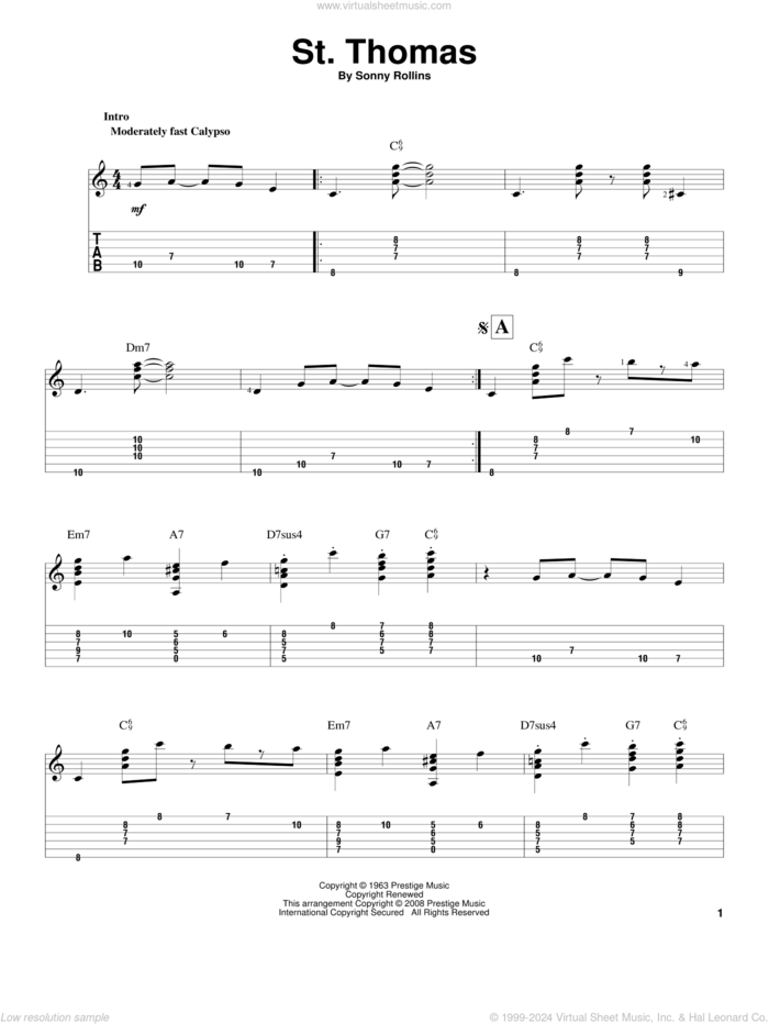 St. Thomas sheet music for guitar solo by Sonny Rollins and Jeff Arnold, intermediate skill level