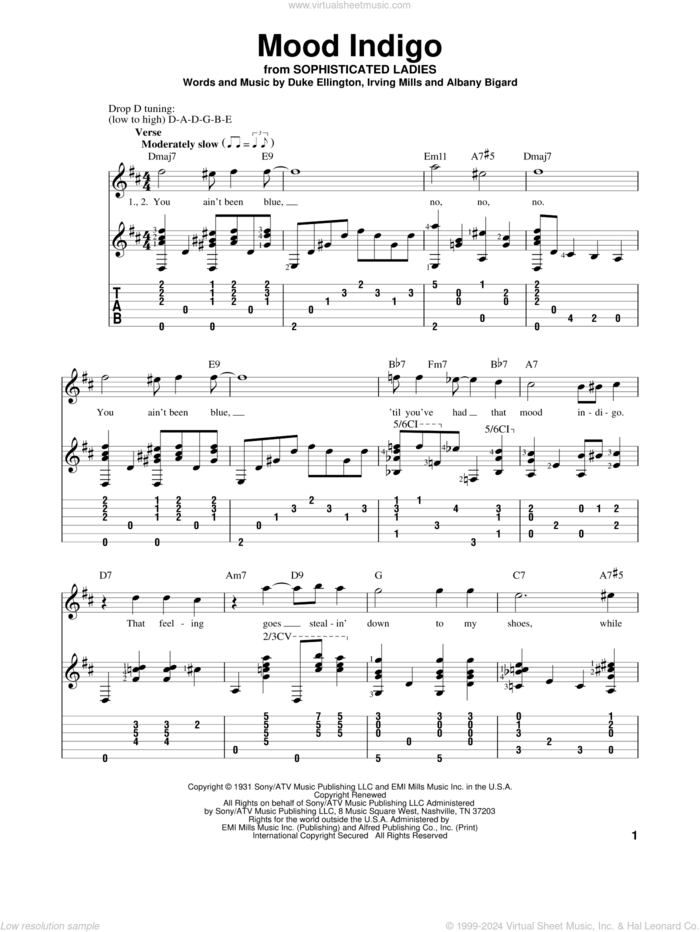 Mood Indigo sheet music for guitar solo by Duke Ellington, Albany Bigard and Irving Mills, intermediate skill level