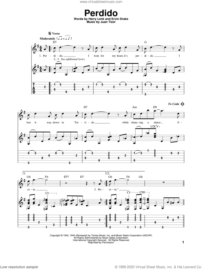 Perdido sheet music for guitar solo by Duke Ellington, Ervin Drake, Harry Lenk and Juan Tizol, intermediate skill level