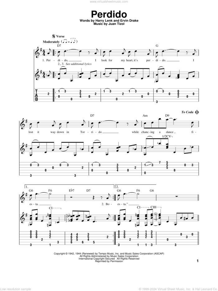 Perdido sheet music for guitar solo by Duke Ellington, Ervin Drake, Harry Lenk and Juan Tizol, intermediate skill level