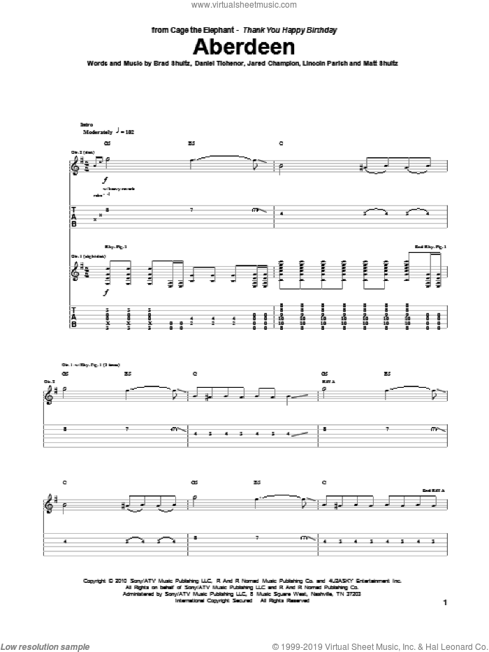 Aberdeen sheet music for guitar (tablature) by Cage The Elephant, Brad Shultz, Daniel Tichenor, Jared Champion, Lincoln Parish and Matt Shultz, intermediate skill level