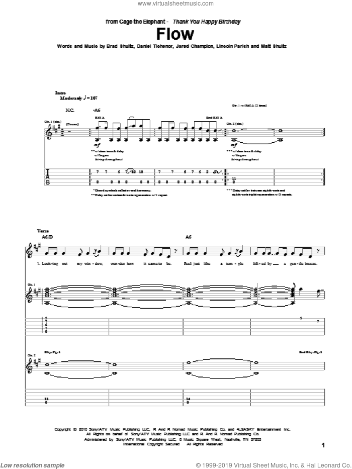 Flow sheet music for guitar (tablature) by Cage The Elephant, Brad Shultz, Daniel Tichenor, Jared Champion, Lincoln Parish and Matt Shultz, intermediate skill level