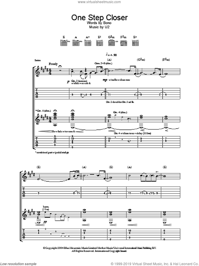 One Step Closer sheet music for guitar (tablature) by U2 and Bono, intermediate skill level
