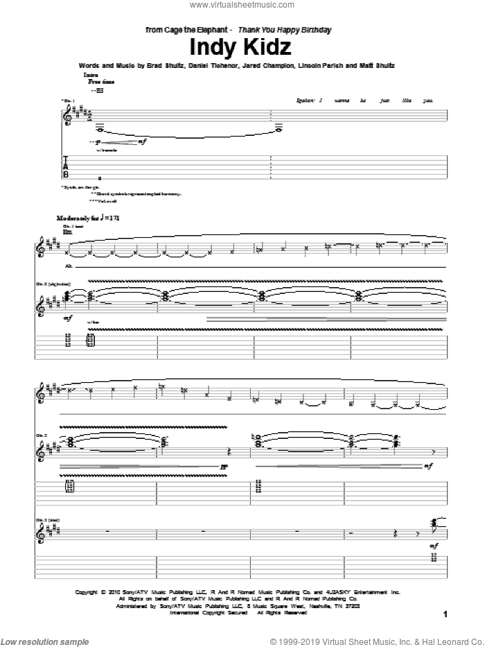 Indy Kidz sheet music for guitar (tablature) by Cage The Elephant, Brad Shultz, Daniel Tichenor, Jared Champion, Lincoln Parish and Matt Shultz, intermediate skill level