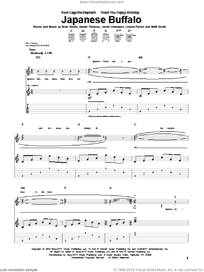 Japanese Buffalo sheet music for guitar (tablature) by Cage The Elephant, Brad Shultz, Daniel Tichenor, Jared Champion, Lincoln Parish and Matt Shultz, intermediate skill level