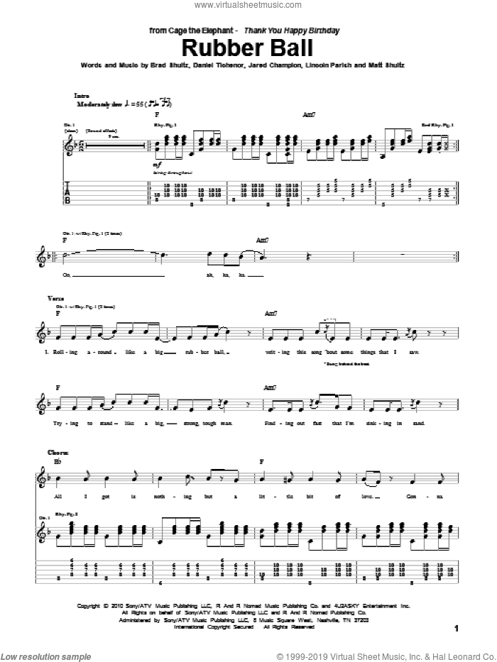 Rubber Ball sheet music for guitar (tablature) by Cage The Elephant, Brad Shultz, Daniel Tichenor, Jared Champion, Lincoln Parish and Matt Shultz, intermediate skill level