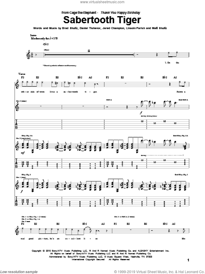 Sabertooth Tiger sheet music for guitar (tablature) by Cage The Elephant, Brad Shultz, Daniel Tichenor, Jared Champion, Lincoln Parish and Matt Shultz, intermediate skill level