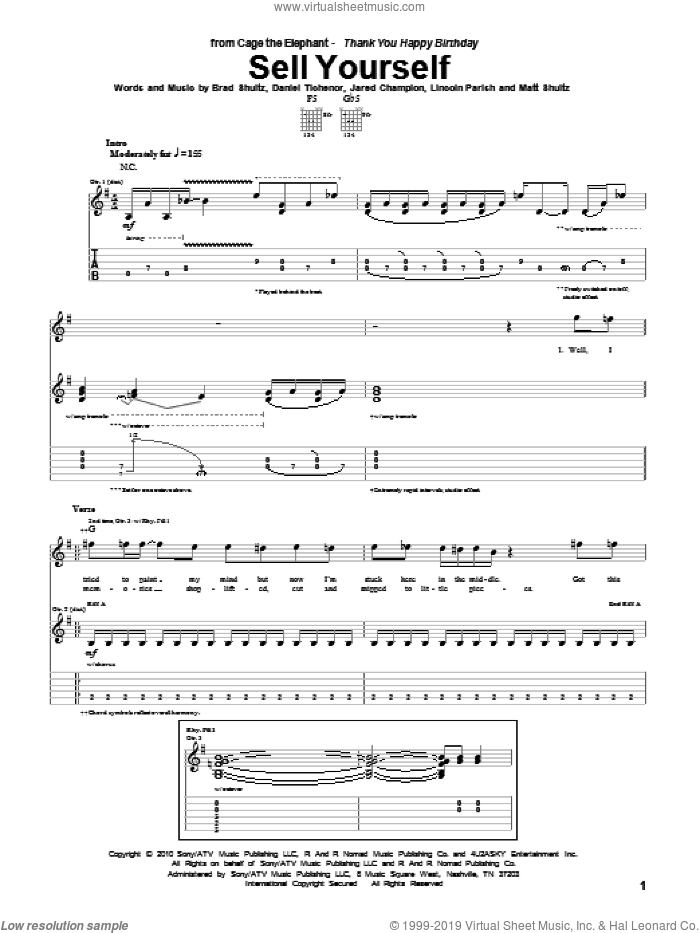 Sell Yourself sheet music for guitar (tablature) by Cage The Elephant, Brad Shultz, Daniel Tichenor, Jared Champion, Lincoln Parish and Matt Shultz, intermediate skill level