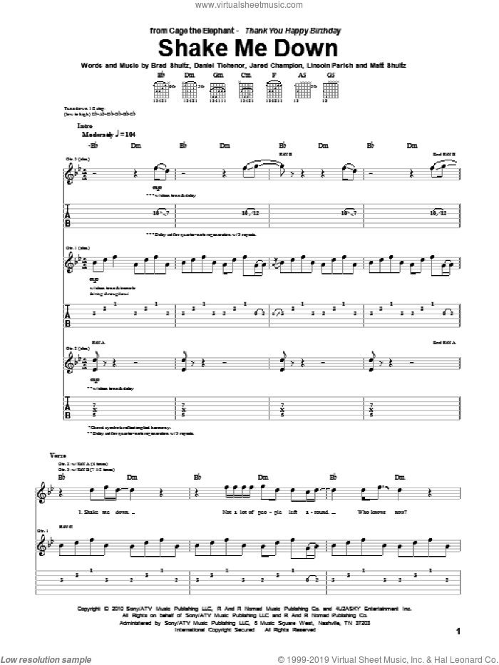 Shake Me Down sheet music for guitar (tablature) by Cage The Elephant, Brad Shultz, Daniel Tichenor, Jared Champion, Lincoln Parish and Matt Shultz, intermediate skill level