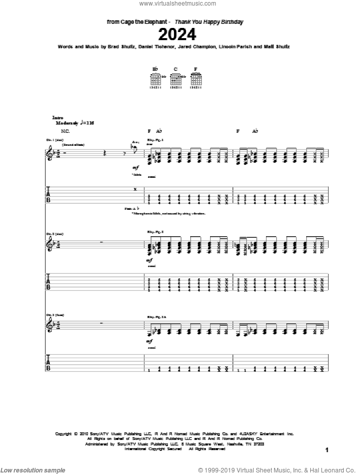 2024 sheet music for guitar (tablature) by Cage The Elephant, Brad Shultz, Daniel Tichenor, Jared Champion, Lincoln Parish and Matt Shultz, intermediate skill level
