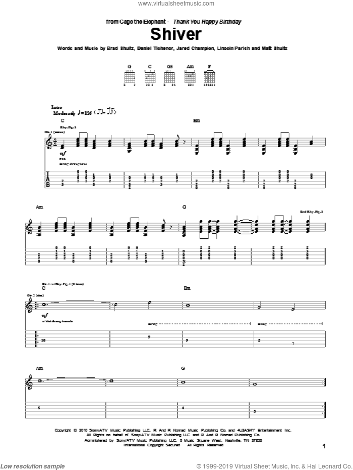 Shiver sheet music for guitar (tablature) by Cage The Elephant, Brad Shultz, Daniel Tichenor, Jared Champion, Lincoln Parish and Matt Shultz, intermediate skill level
