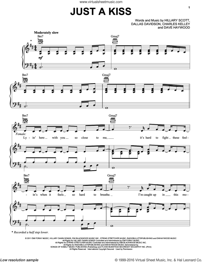 Just A Kiss sheet music for voice, piano or guitar by Lady Antebellum, Lady A, Charles Kelley, Dallas Davidson, Dave Haywood and Hillary Scott, intermediate skill level