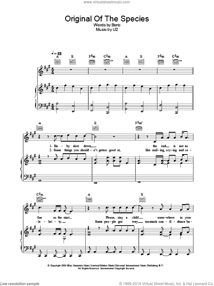 Original Of The Species sheet music for voice, piano or guitar by U2 and Bono, intermediate skill level