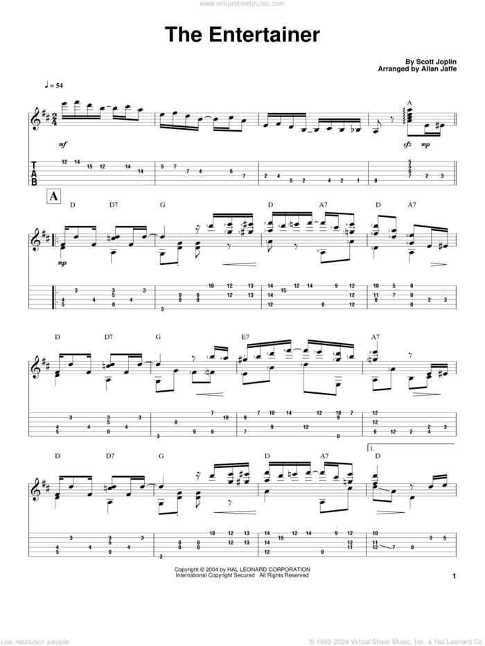 The Entertainer sheet music for guitar solo by Scott Joplin, intermediate skill level